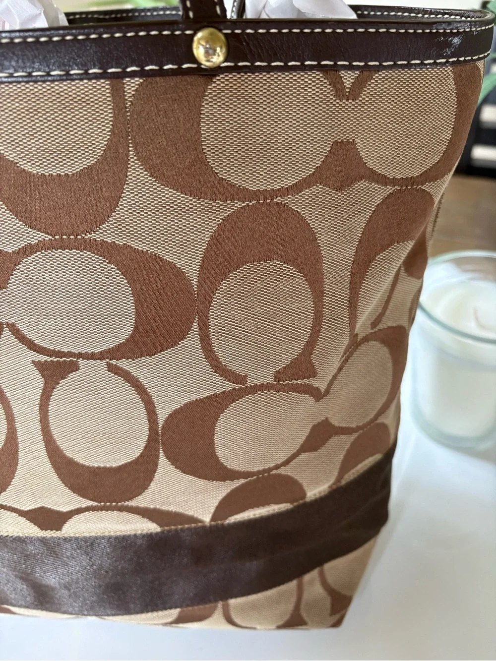 Coach Vintage Brown Signature Canvas Tote Bag Brown Leather Trim Style 10125